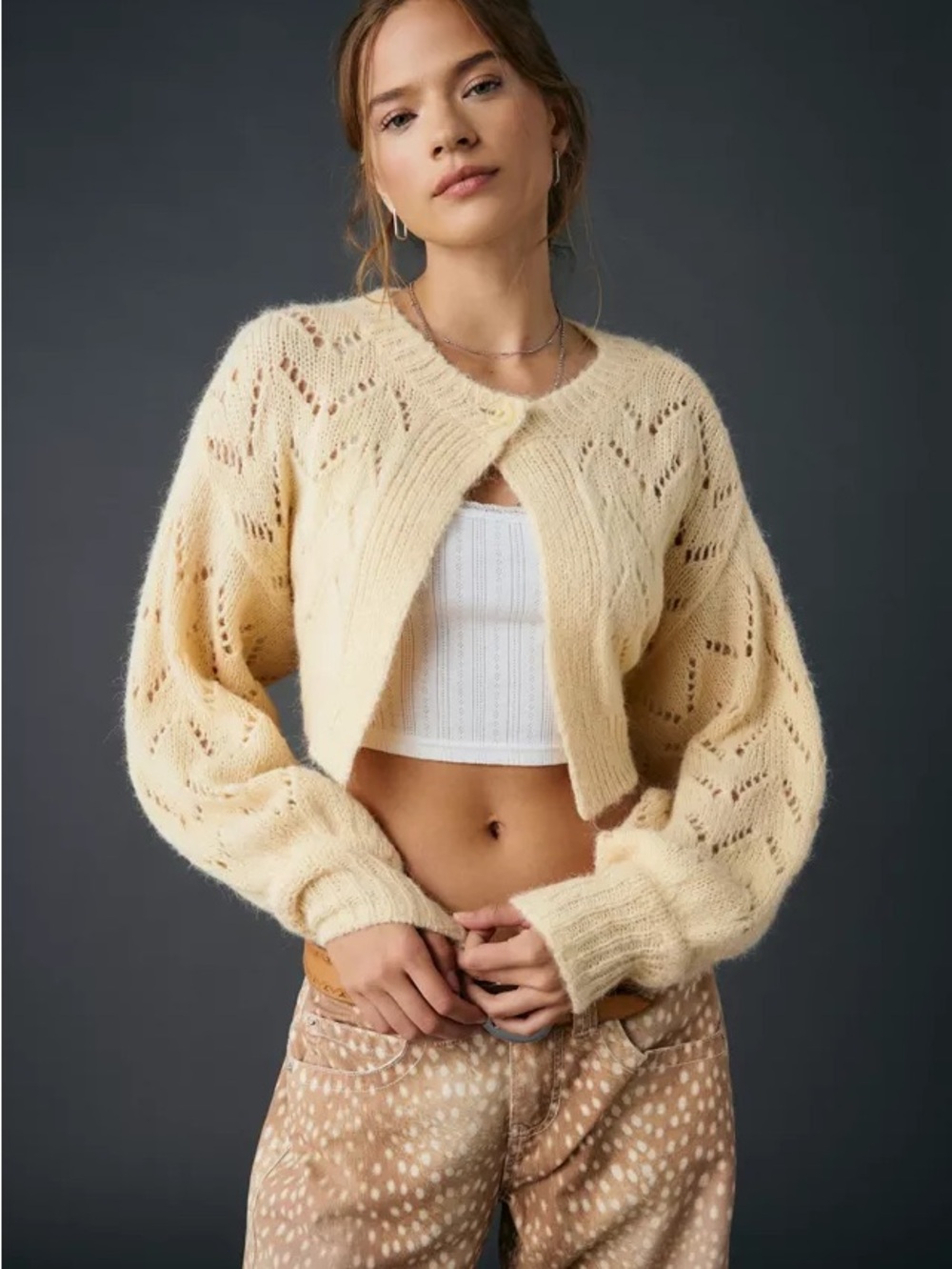 Urban Outfitters Cream Openwork Cropped Cardigan